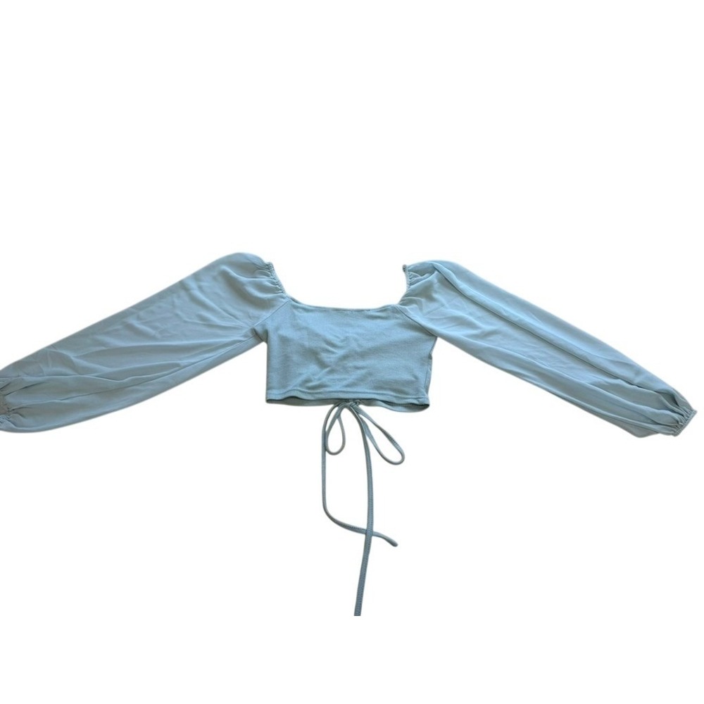 Light Blue Ruched Drawstring Crop Top Off Shoulder Balloon Sleeve Ribbed Knit - Picture 7 of 7
